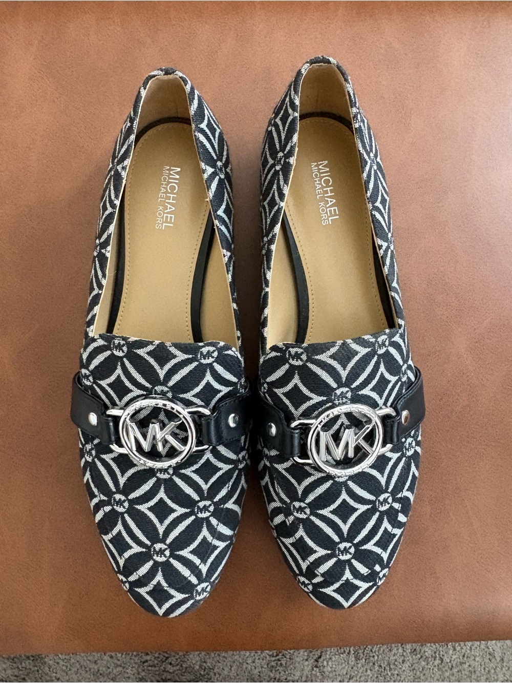 Michael Kors Black & White Geometric Jacquard Loafers with Silver MK Emblem